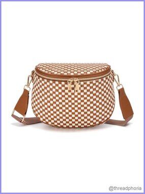 Woven Vegan Leather Crossbody Bag Women Checkered Waist Pack Zipper 3 Pocket